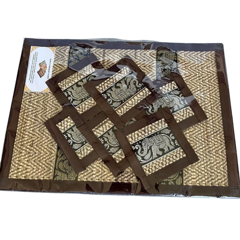 Reed NEW Hand Woven Set for 6 Wicker Placemats Coasters Silk Trim Elegant Dining